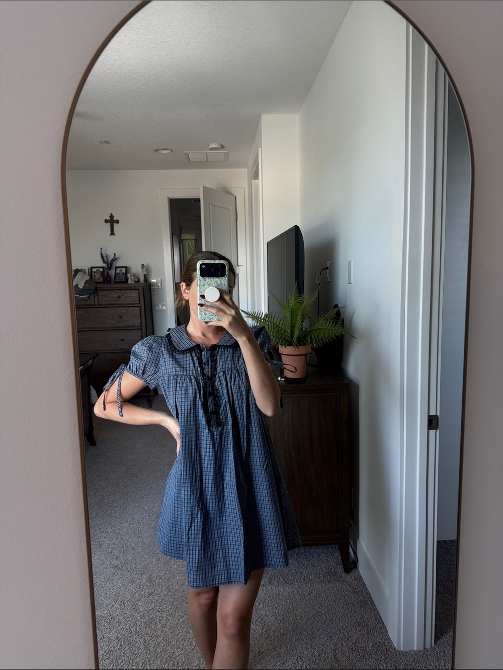 Girls' Blue Gingham Tie-Sleeve Dress